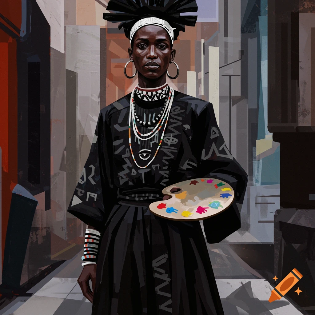 A person in black clothing with abstract patterns and an elaborate headpiece holds an artist's palette in a painterly style.