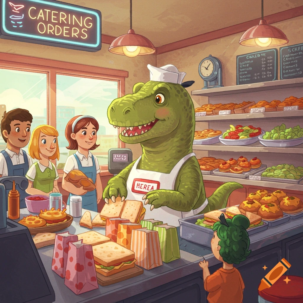 A cartoon T-Rex wearing a chef's hat and apron bags sandwiches at a busy deli counter with human staff and a child customer.