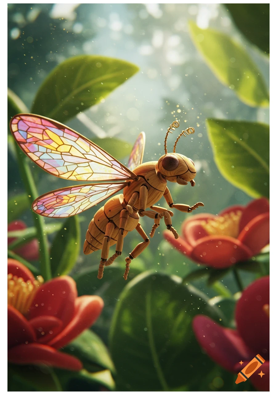 A detailed wooden insect with stained-glass wings floats among green leaves and red flowers in a sunlit forest.