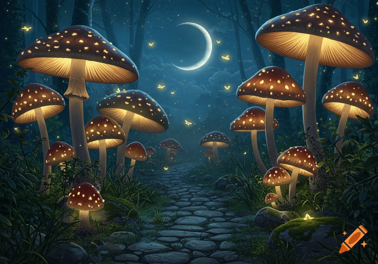 A whimsical night scene in an enchanted forest with large glowing mushrooms, a stone path, a crescent moon, and fireflies.