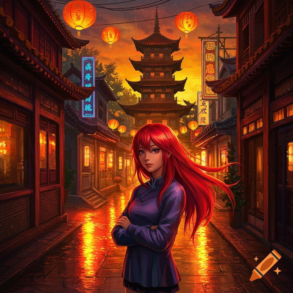 An anime girl with long red hair stands with crossed arms on a wet street in a traditional Chinese town at sunset, with lanterns and a pagoda.