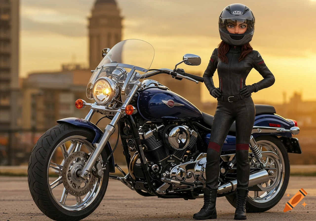 A photorealistic cartoon brunette woman in black motorcycle leathers and a helmet stands next to a blue cruiser motorcycle at sunset.