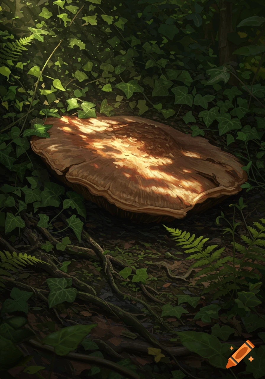 A large, brown, mushroom-like object on a forest floor with sunlight dappling its top, surrounded by green ivy and ferns, illustrated.