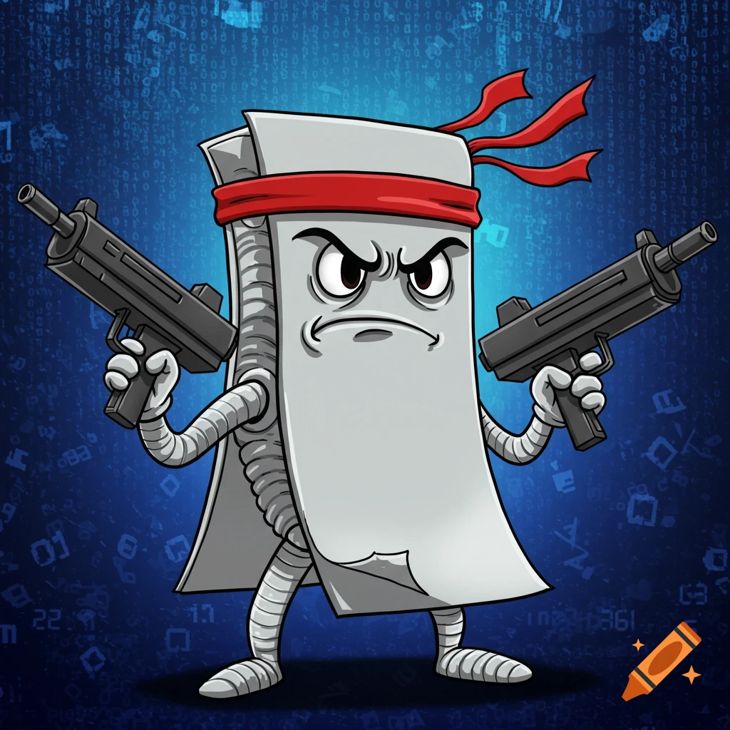 Angry cartoon paperclip mascot with a red headband dual-wielding Uzi submachine guns against a blue binary code background.
