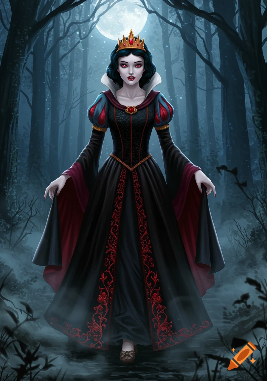 Vampire queen with dark hair and red eyes in a black and red gown and gold crown, standing in a misty forest under a full moon.