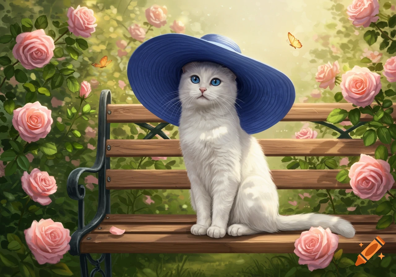 A white cat with blue eyes wears a wide-brimmed blue hat while sitting on a wooden bench in a garden surrounded by pink roses and butterflies.