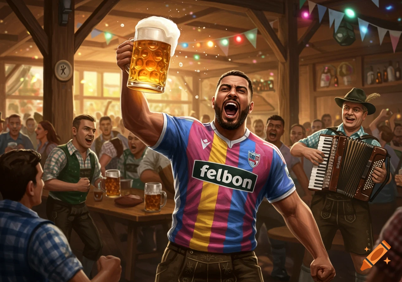 A man in a football jersey cheers with a beer mug in a lively, crowded pub with an accordion player.
