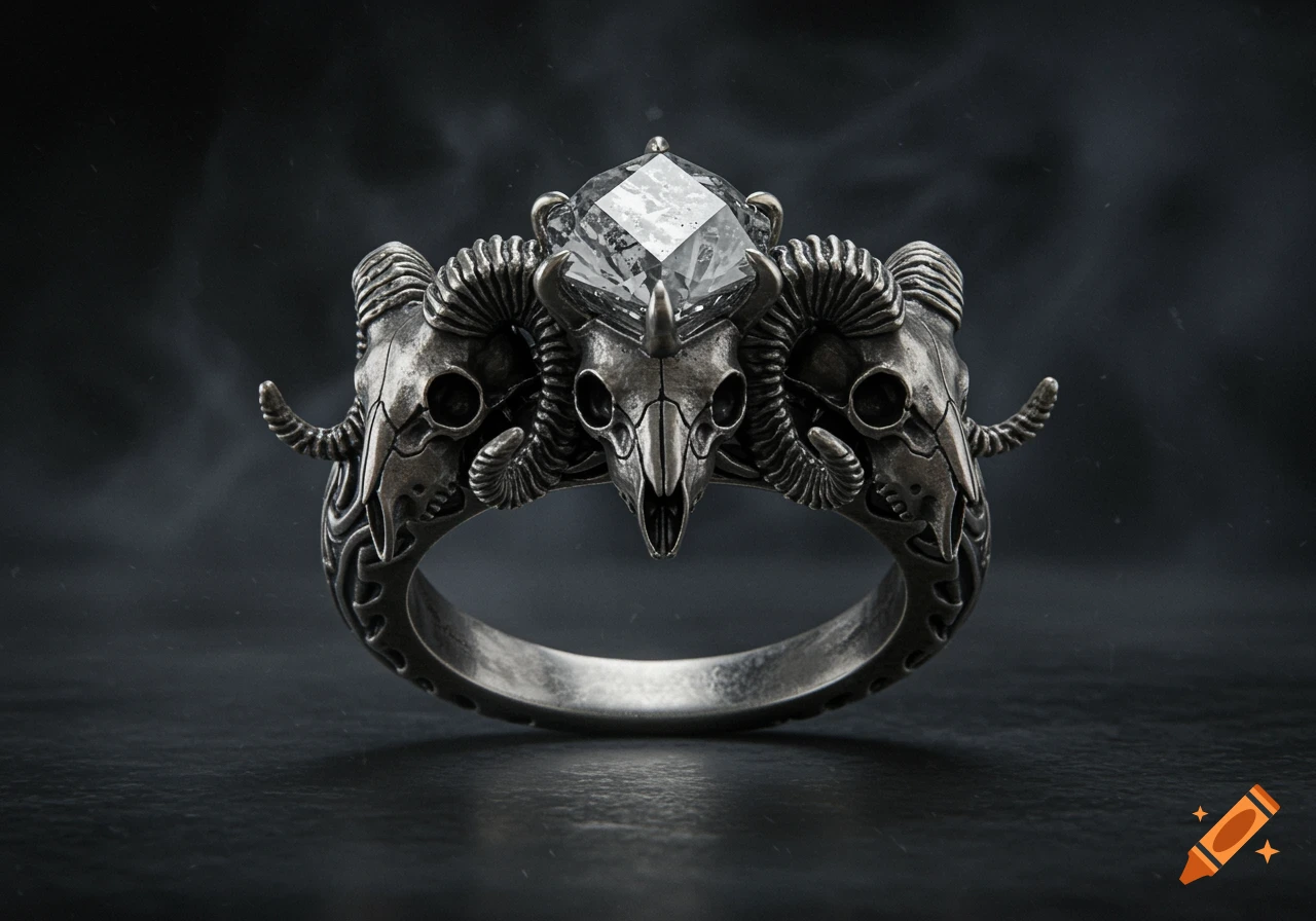 A close-up of a silver engagement ring in a heavy metal style, featuring a central faceted salt and pepper diamond flanked by two ram skulls.