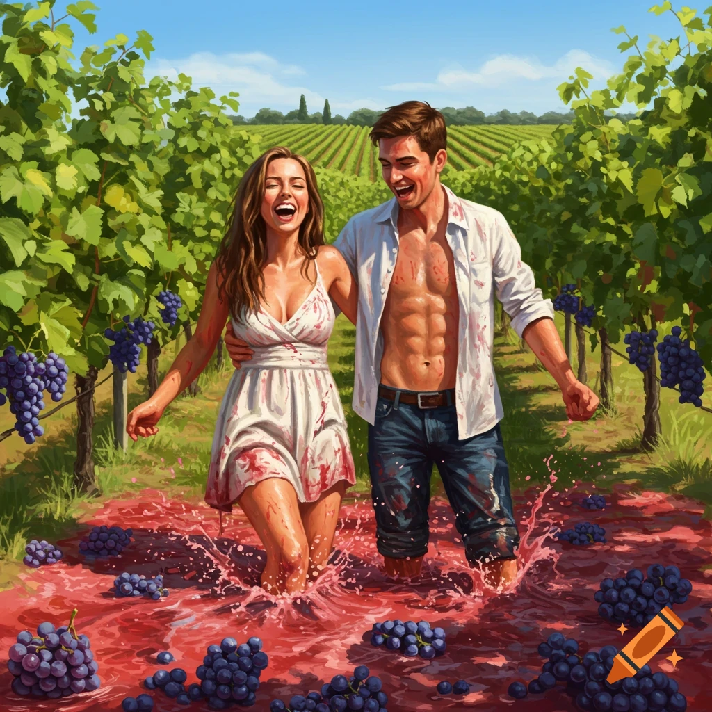 A happy couple stomping red grapes in a vineyard, surrounded by grapevines, under a clear blue sky, photorealistic style.