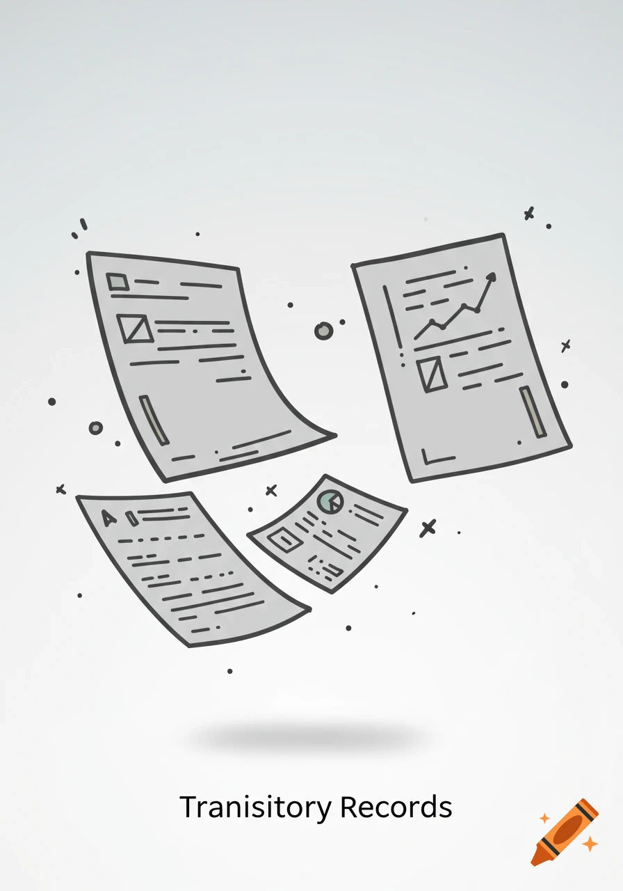 Stylized clipart illustration of four floating grey documents with charts and text, with 'Transitory Records' below.