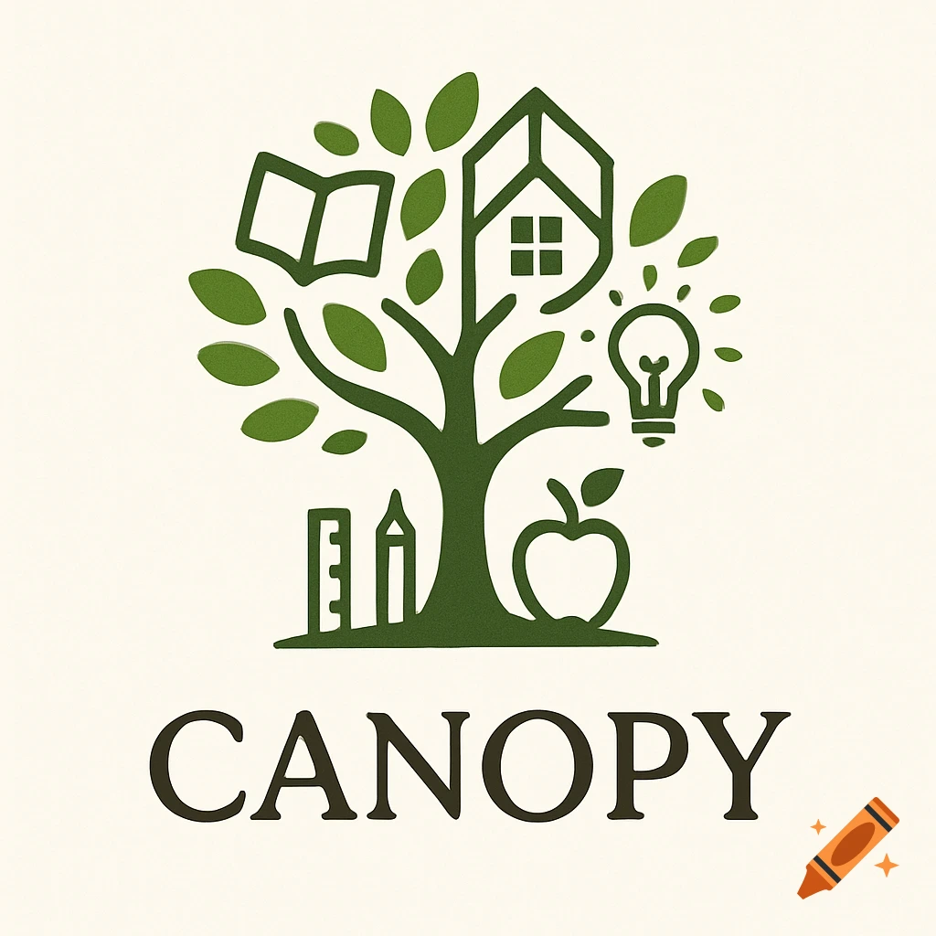 A green logo with a tree whose branches include a book, a house, and a lightbulb, and whose base has a ruler, pencil, and apple. The word "CANOPY" is below the tree.