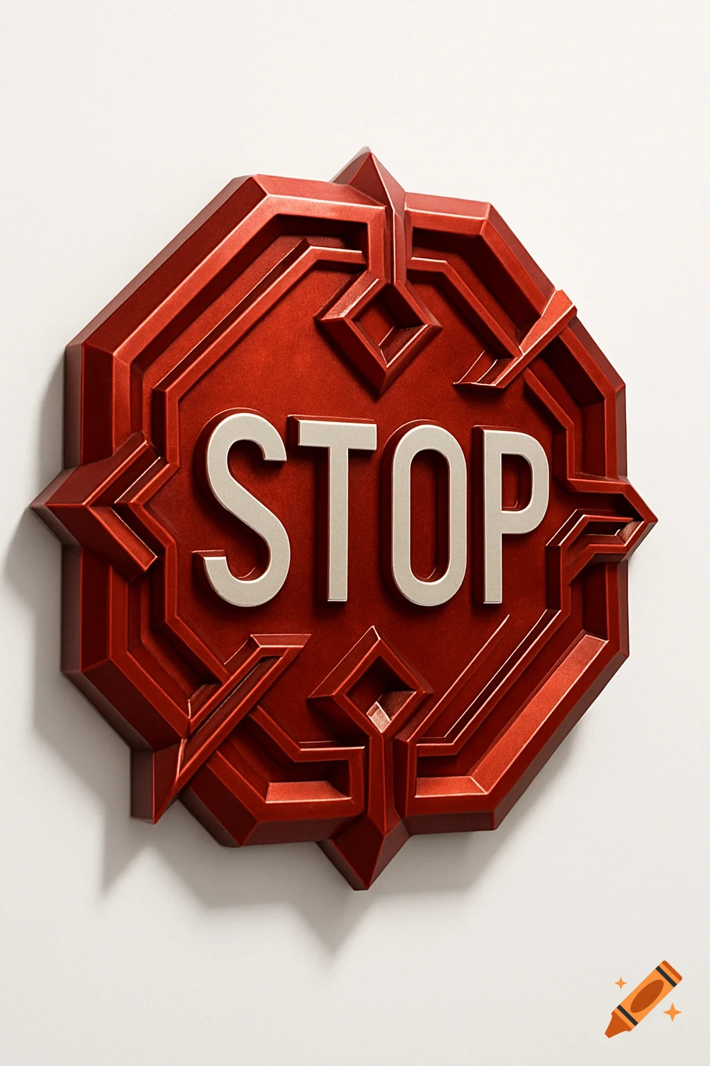 A red, ornate 3D stop sign with the word 'STOP' in white on a white background.