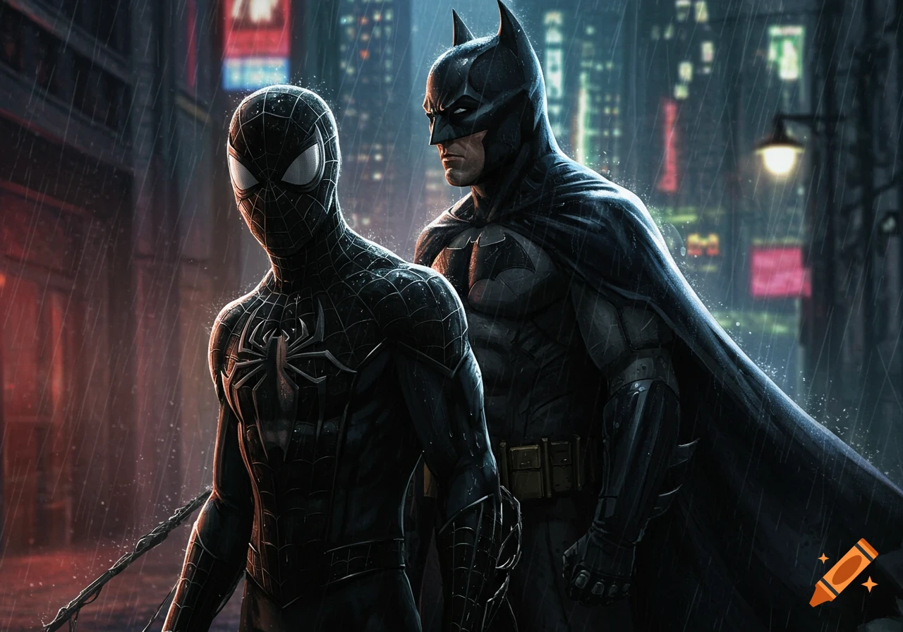 Detailed comic art of Symbiote Spider-Man and Batman standing side-by-side in the rain against a dark, wet city background.