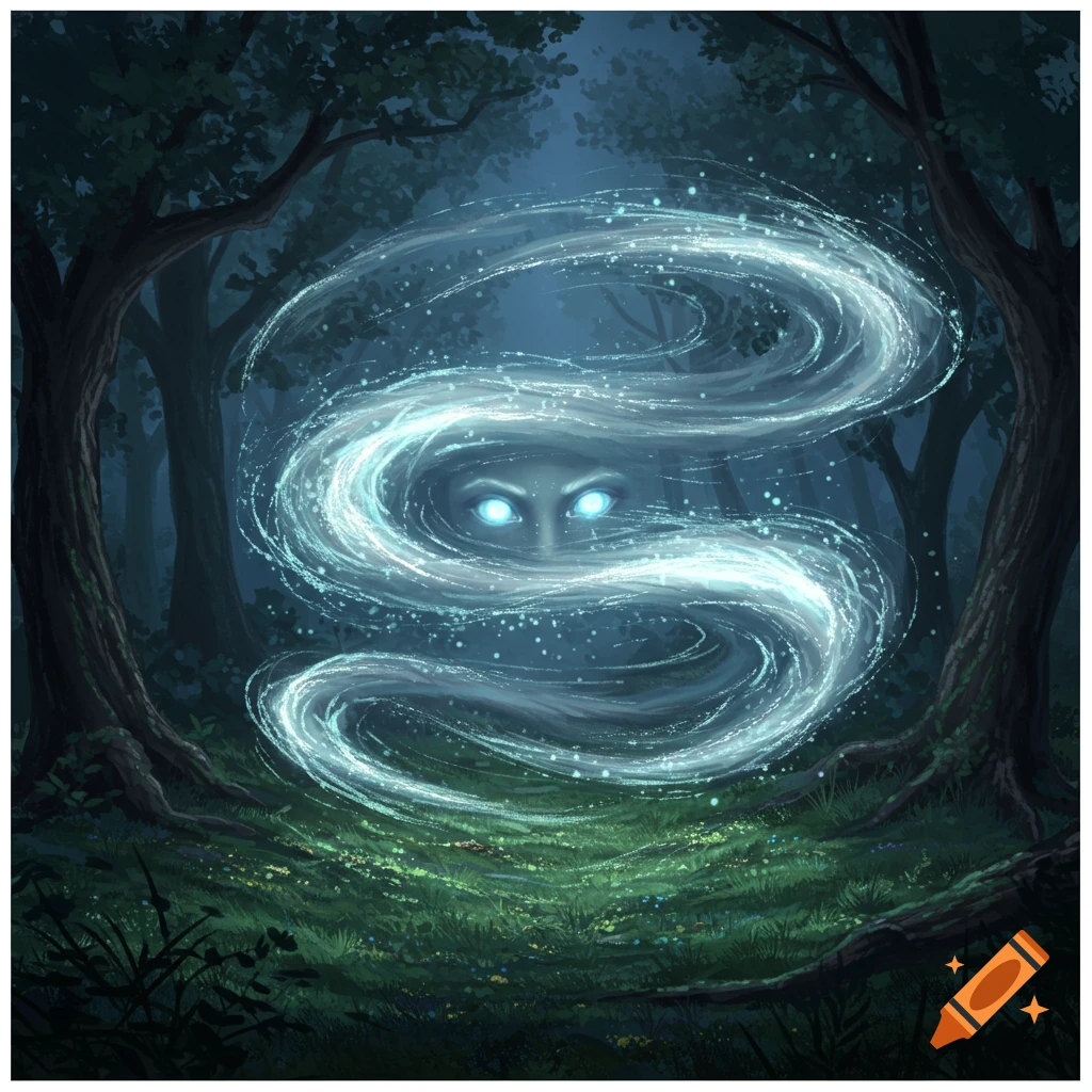 A digital painting of glowing blue ghostly eyes emerging from a swirling vortex of light in a dark, mystical forest.