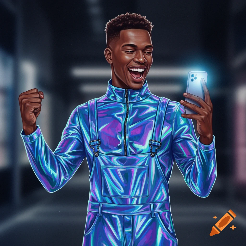 A young man in futuristic, metallic, iridescent overalls laughs while looking at his glowing phone, fist raised in victory.