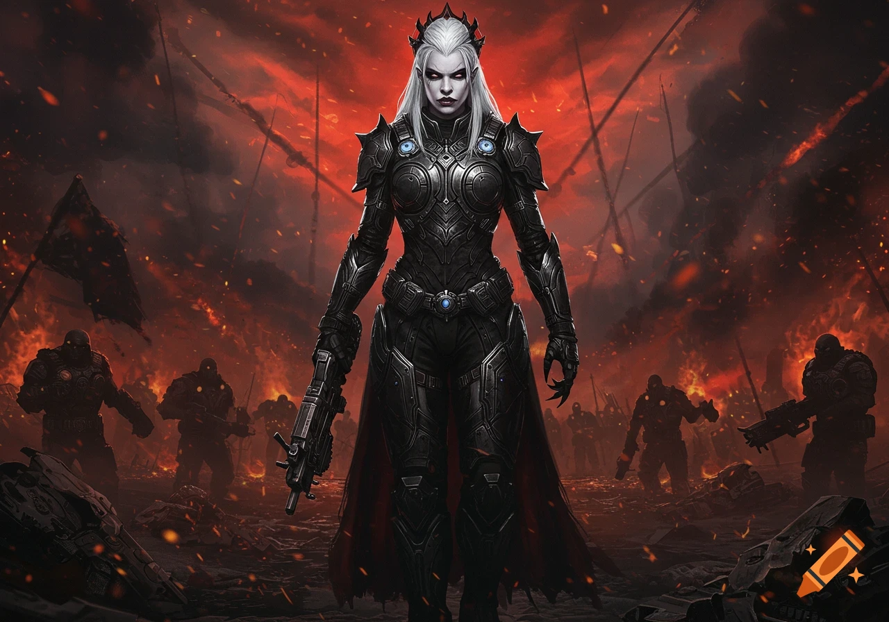 A white-haired woman in dark armored uniform stands in a fiery, war-torn landscape, holding a gun. Silhouetted soldiers are in the background.