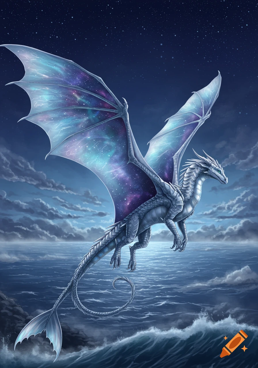 A majestic white dragon with cosmic wings flies over a dark ocean under a starry night sky.