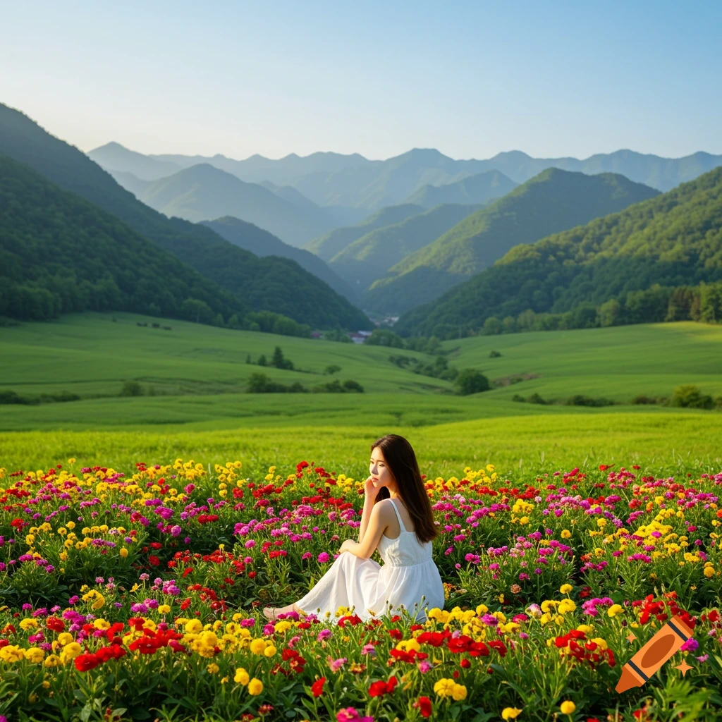 A woman in a white dress sits in a vibrant field of red, yellow, and pink flowers, with a green valley leading to misty mountains under a clear sky.