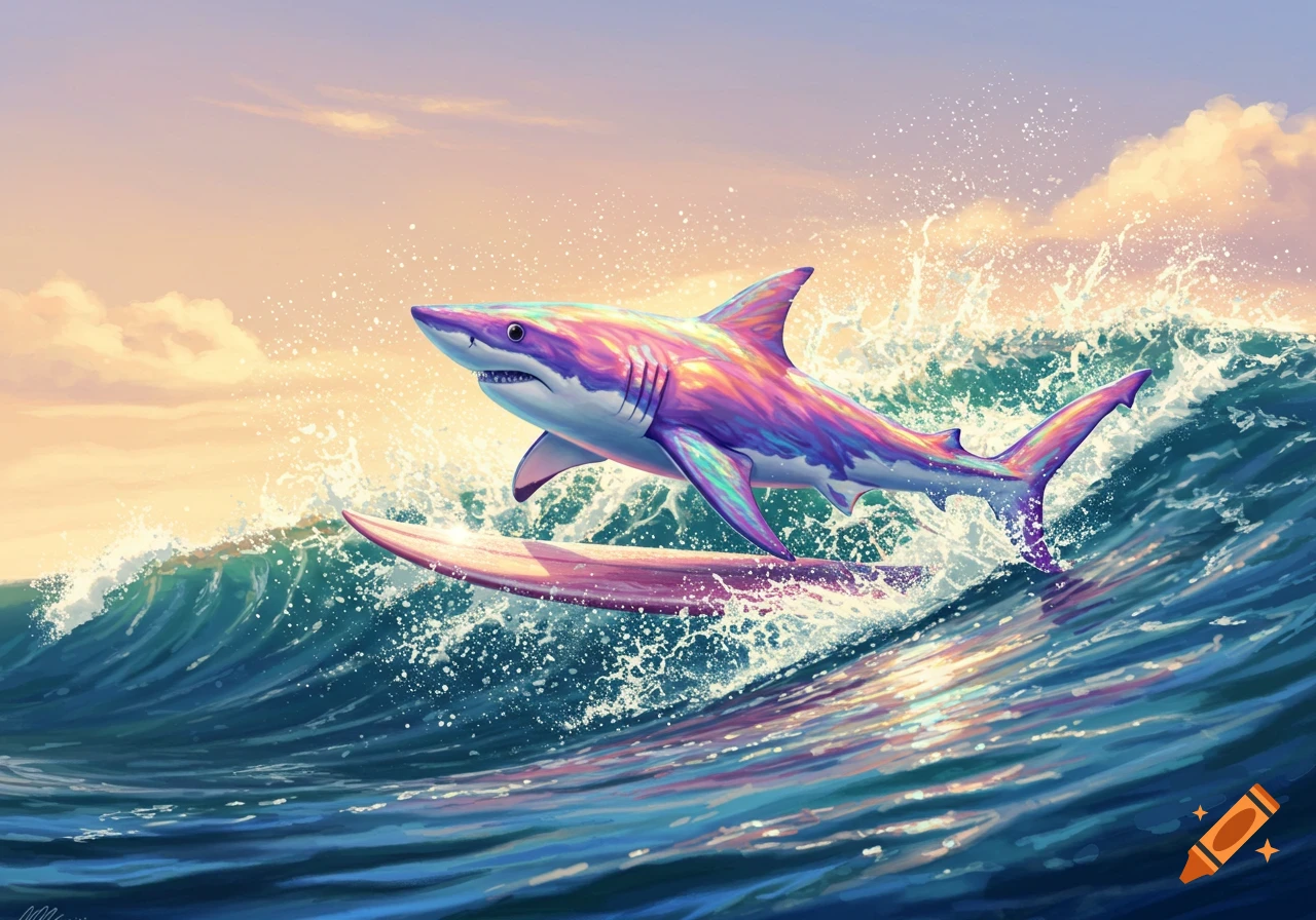 A vibrant, iridescent rainbow shark surfing on a pink surfboard, riding a large blue wave under a colorful sky.