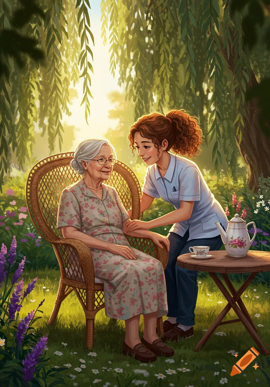 An illustration of a caregiver assisting an elderly woman sitting in a wicker chair in a sunny garden with a tea set nearby.