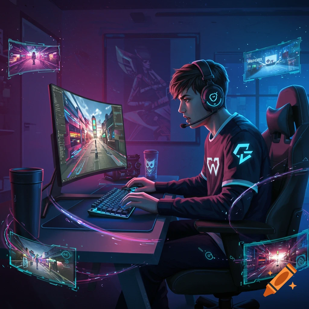 A young male gamer, wearing a headset, plays a video game on a curved monitor in a neon-lit room with futuristic screens. Digital art.