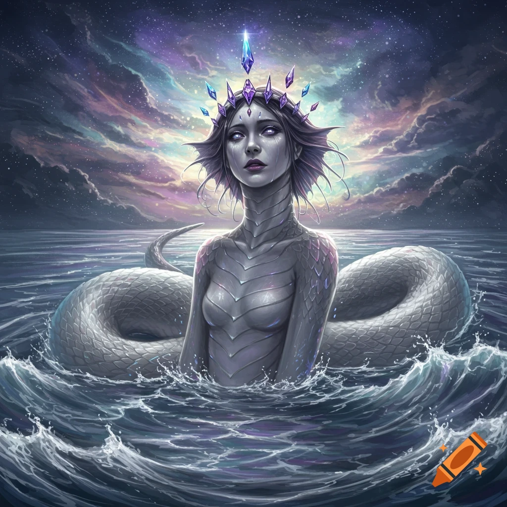A majestic snake-like queen with a crystal crown emerges from a dark, stormy space ocean under a starry sky.