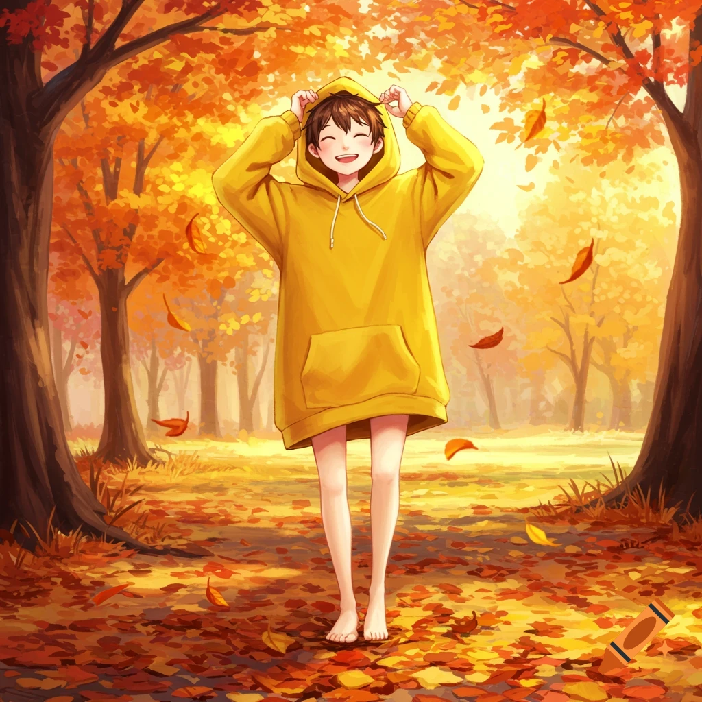Anime boy in an oversized yellow hoodie smiling happily, standing barefoot in a vibrant autumn forest with colorful falling leaves.