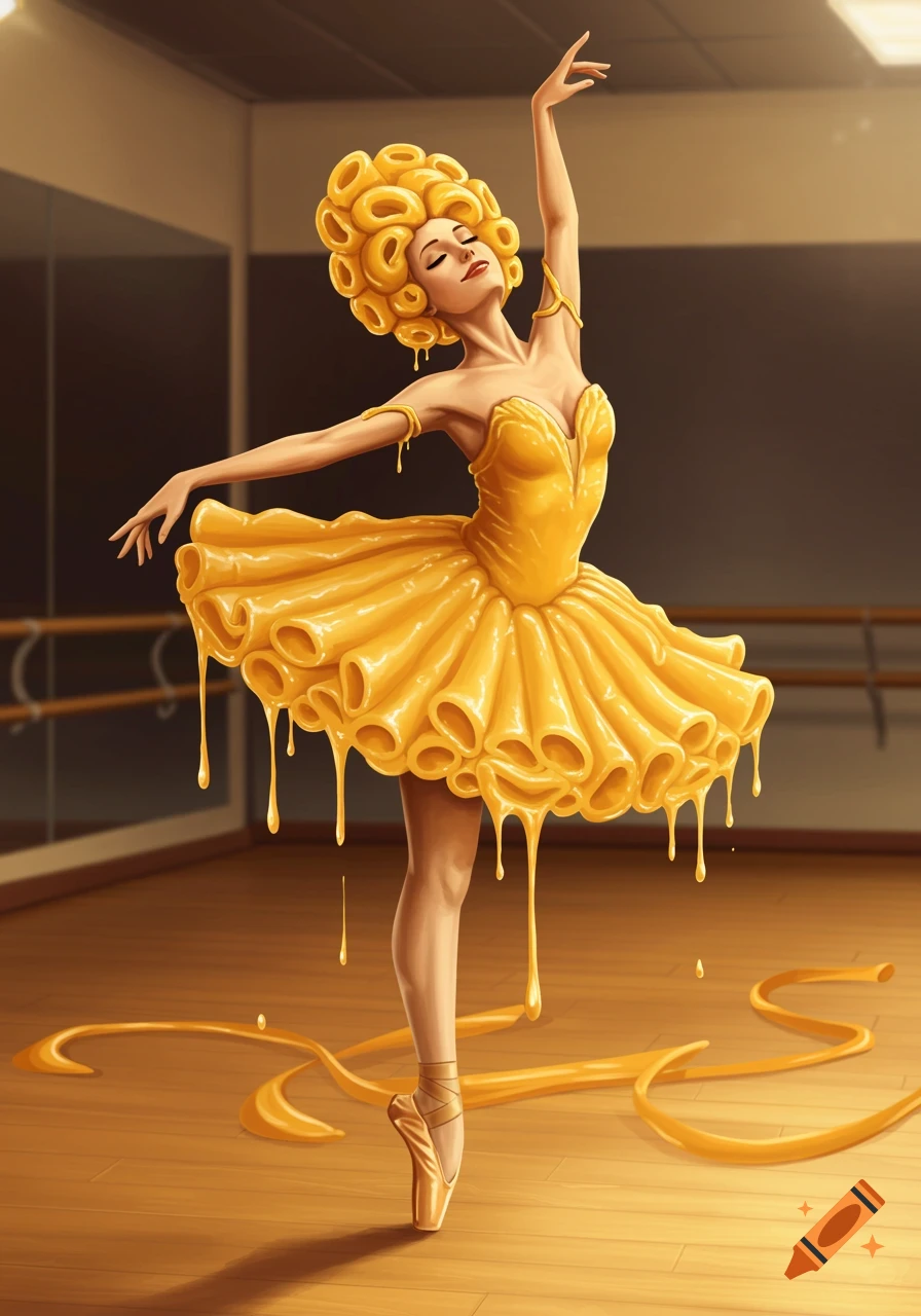 A whimsical illustration of a ballerina with curly macaroni and cheese hair and a tutu made of melted mac and cheese, dancing in a studio.