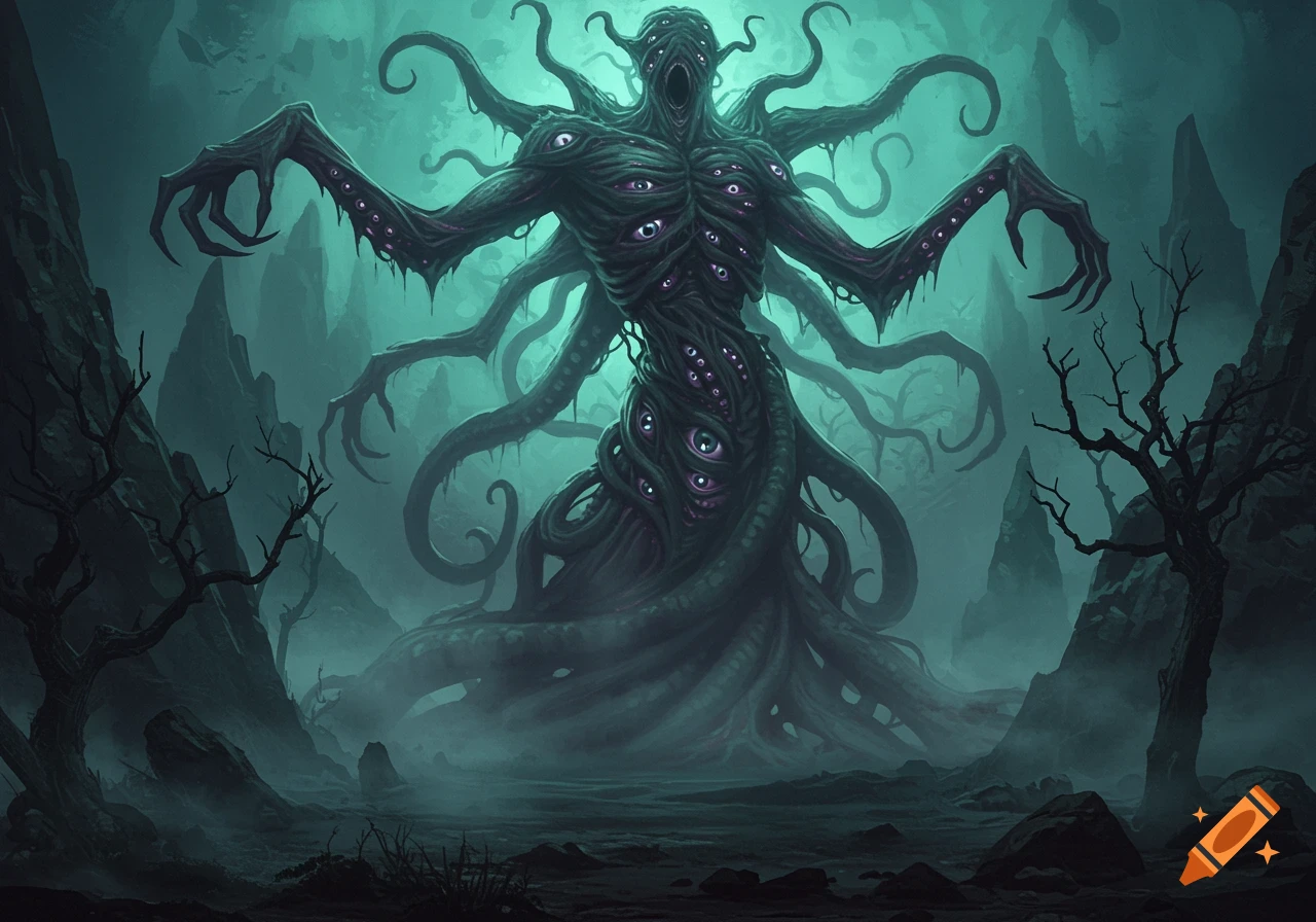 A colossal, multi-eyed eldritch abomination with many tentacles stands in a desolate, misty landscape under a teal sky.