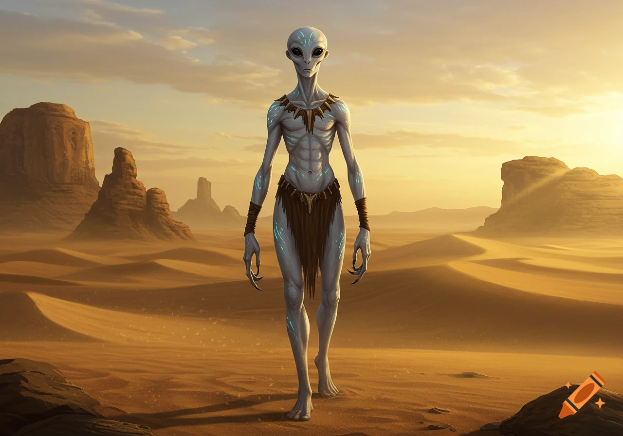 A tall, slender alien creature with grey skin and blue markings stands in a vast, golden desert landscape with large rock formations.