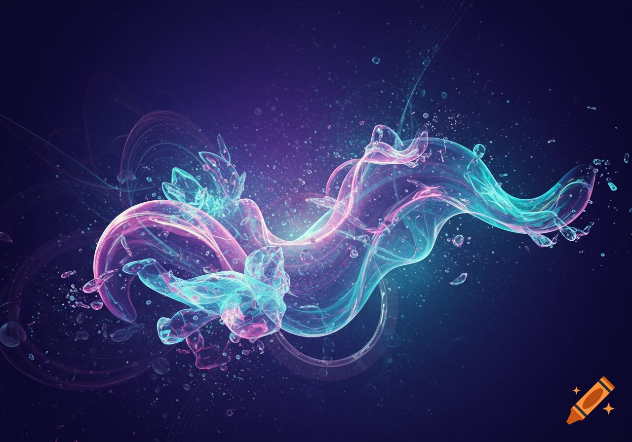 Abstract art of glowing pink and teal translucent forms swirling with sparkling particles against a dark blue background.