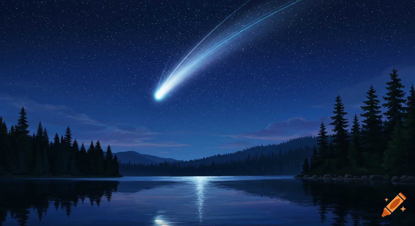 A bright comet streaks across a dark blue night sky, reflecting in a serene lake surrounded by silhouetted pine trees.