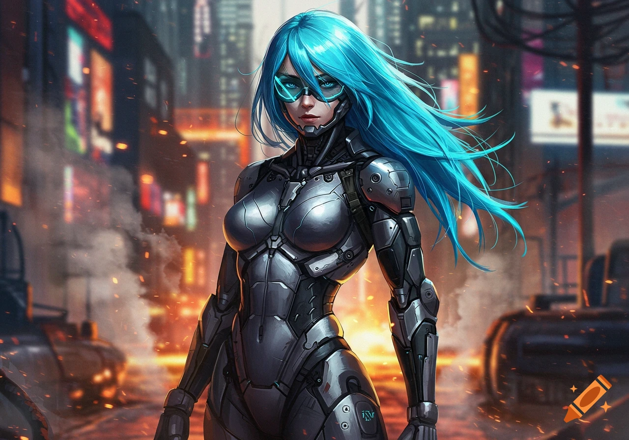 An anime woman with long blue hair and glowing glasses in metallic futuristic armor stands on a smoky, orange-lit cyberpunk city street.