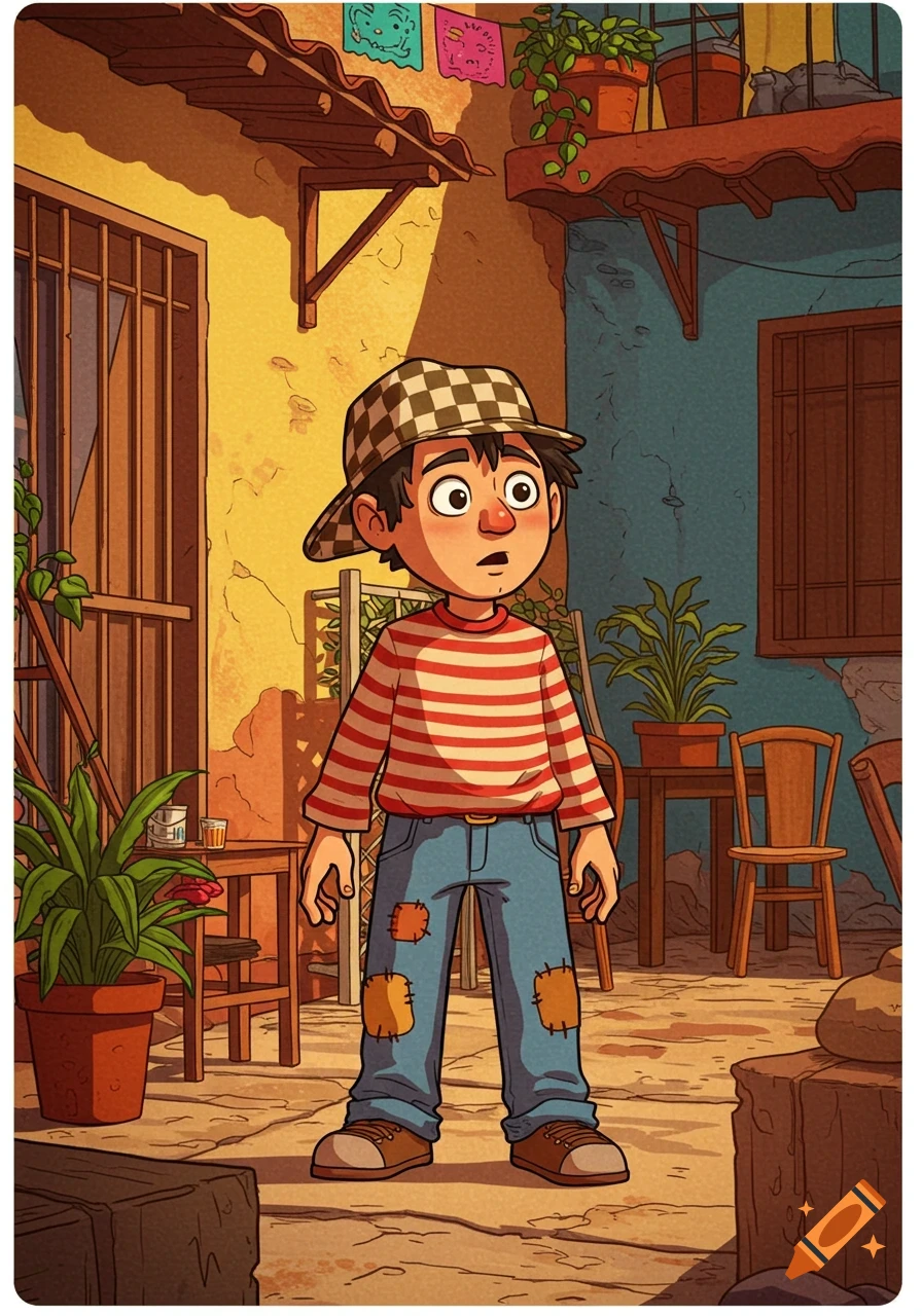 A cartoon boy with a checkered hat and striped shirt stands in a sunny, colorful courtyard.