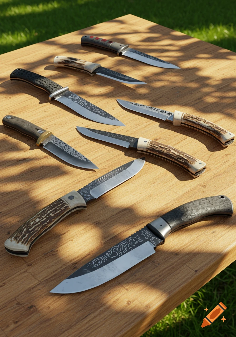 Several hunting knives with decorative blades and antler or dark handles laid out on a wooden table outdoors under dappled sunlight.
