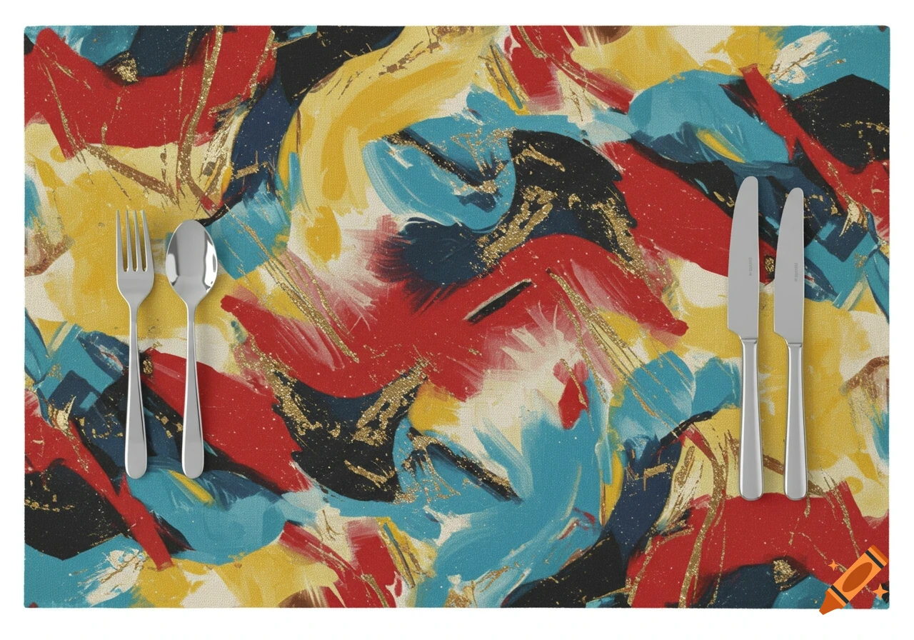 A placemat with abstract art in red, blue, yellow, and black with gold accents, set with a fork, spoon, and two knives.