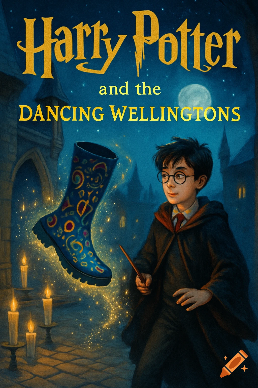 An illustrated book cover for 'Harry Potter and the Dancing Wellingtons,' featuring a young wizard with a wand looking at a floating, magical Wellington boot.