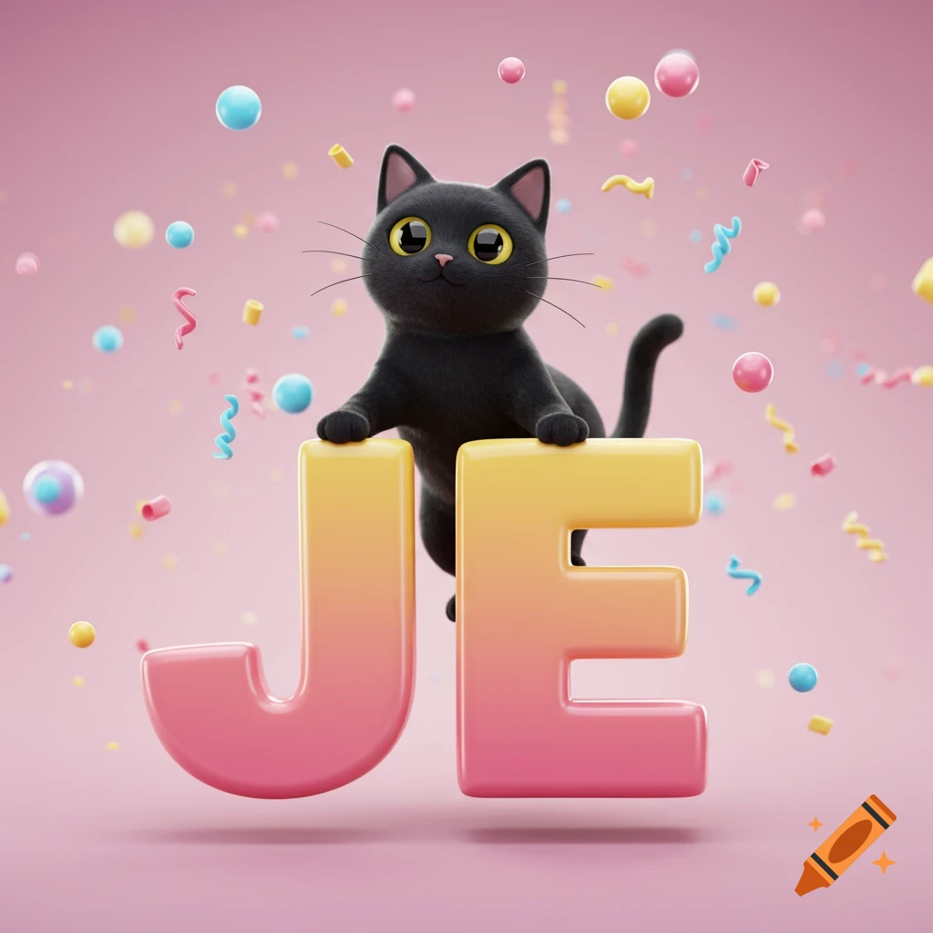 A cute 3D cartoon black cat with large yellow eyes holds up a pink and yellow gradient letter 'J' and 'E' against a pink background with colorful confetti.