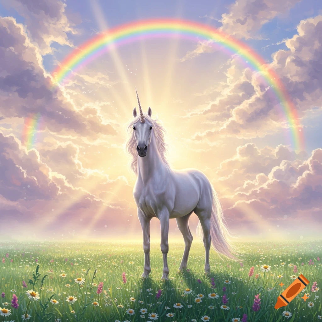 A majestic white unicorn stands in a vibrant green meadow filled with wildflowers under a brilliant sky with a large rainbow.