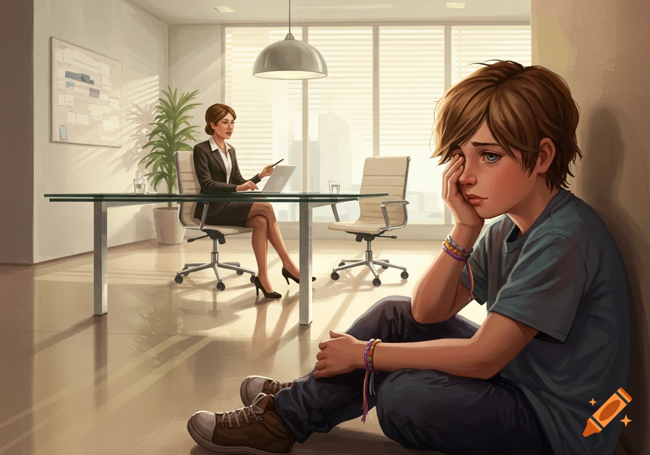 A sad young person sits on the floor of an office, while an adult woman sits at a desk with a laptop.