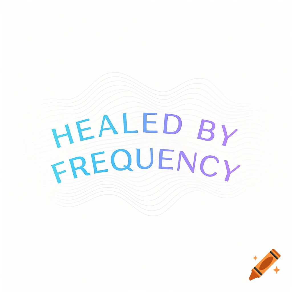 Logo with gradient blue-purple text 'HEALED BY FREQUENCY' on white, with subtle wavy lines.