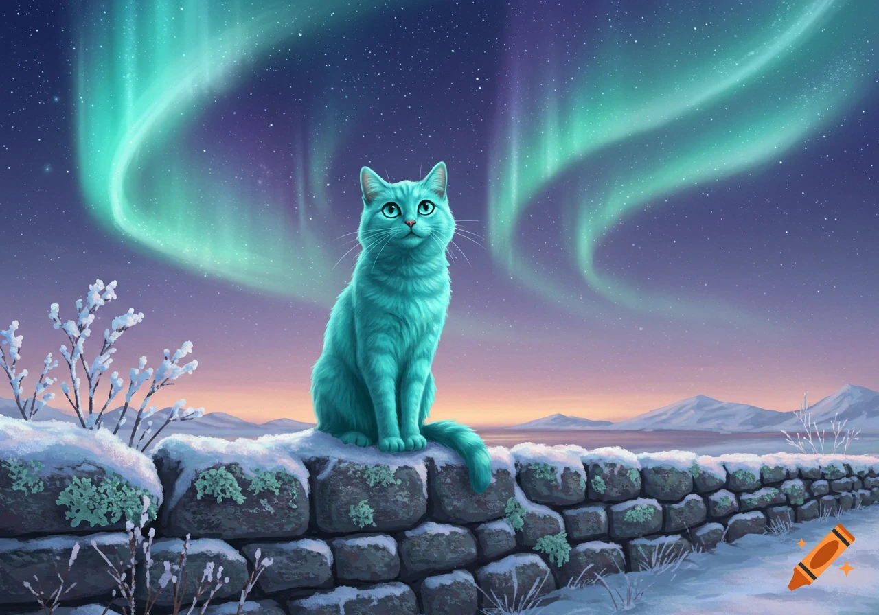 A turquoise cat sits on a snowy stone wall under a vibrant green