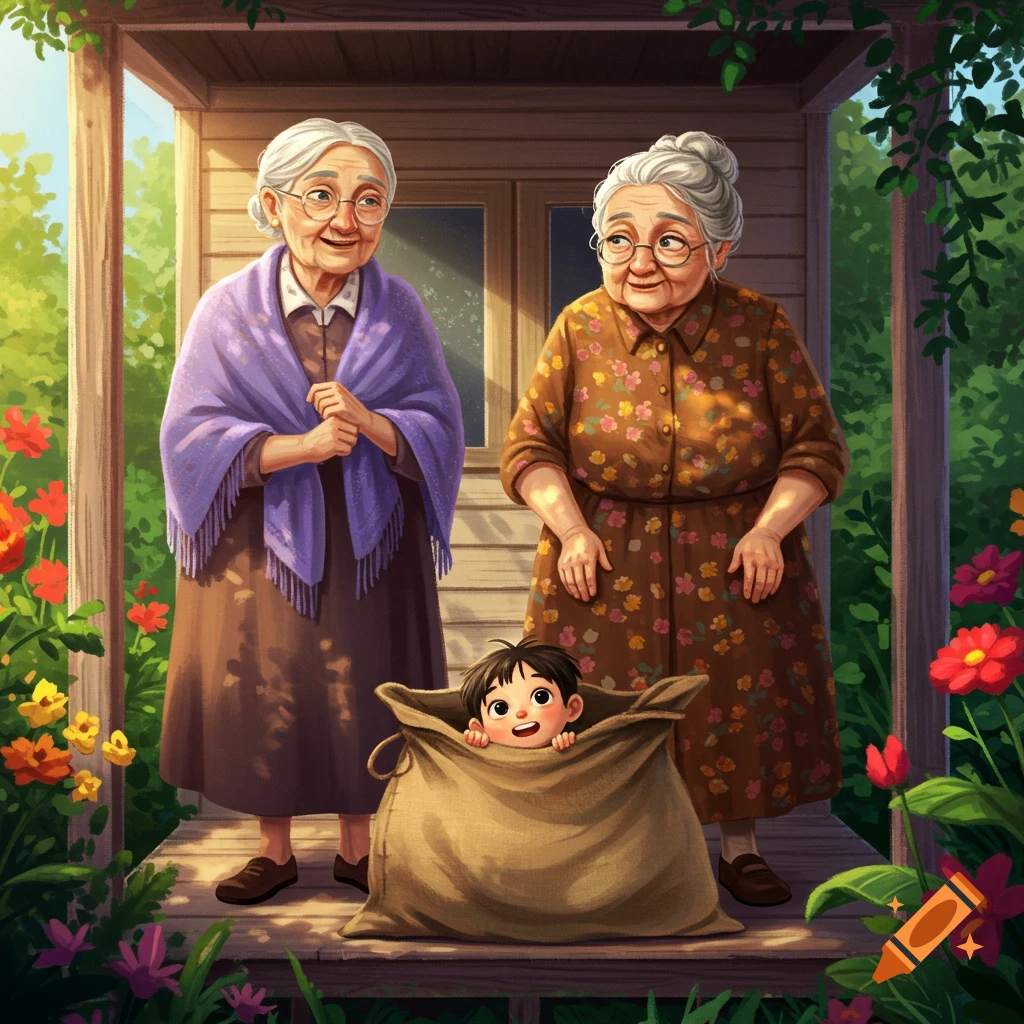 Colorful illustration of two elderly women on a porch with a happy boy peering out of a burlap sack, surrounded by flowers.