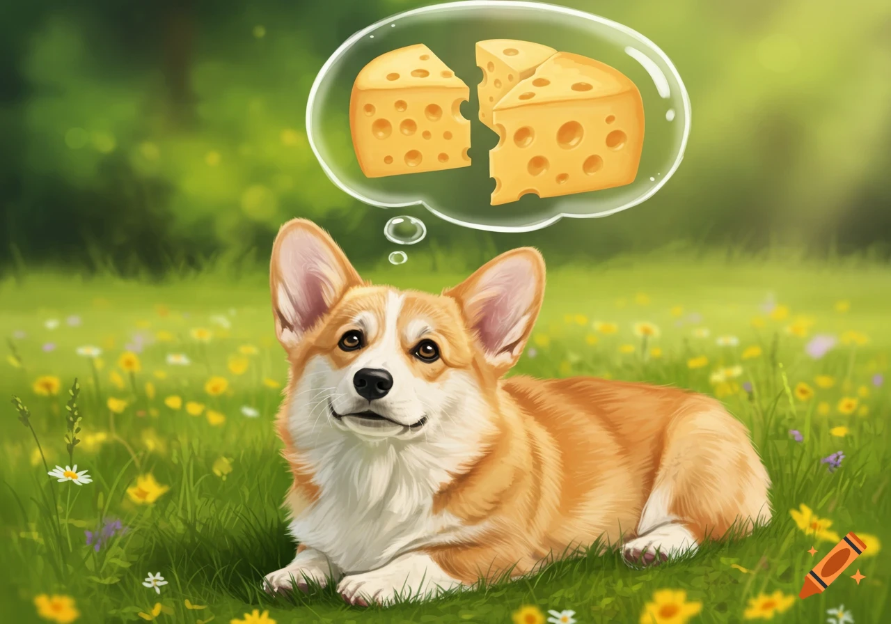 A cute Welsh Corgi lies in a grassy field with wildflowers, dreaming of Swiss cheese in a thought bubble.