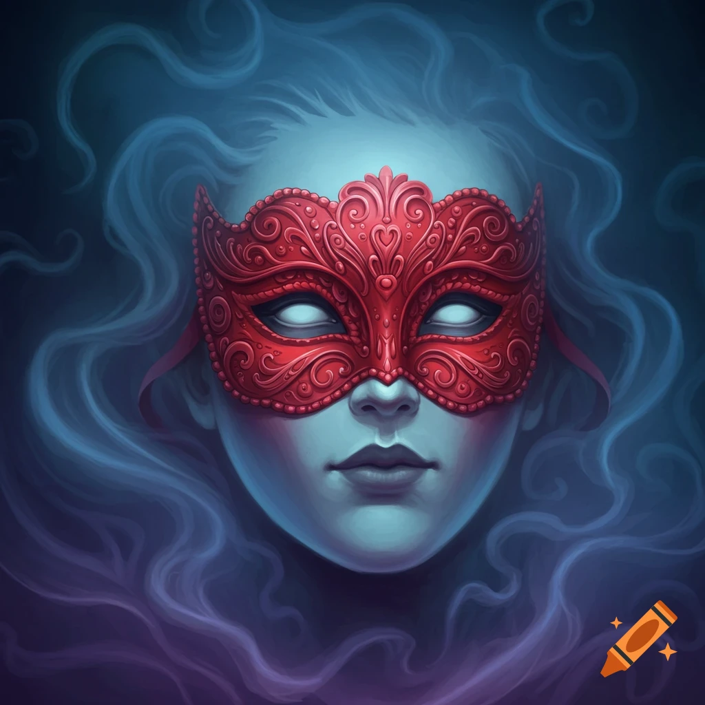 A stylized portrait of a pale face wearing an ornate red paisley mask with glowing white eyes, surrounded by swirling blue and purple mist.
