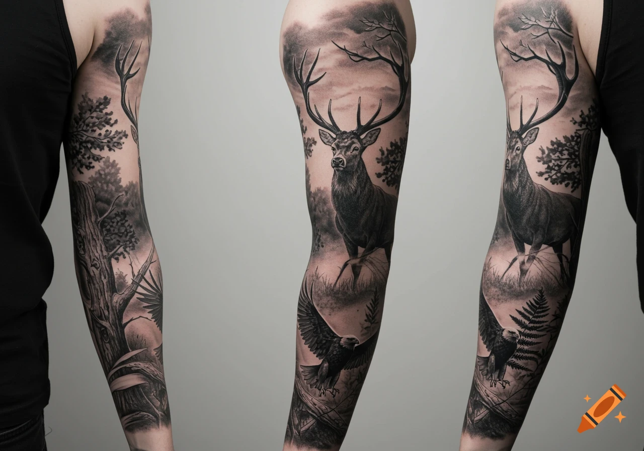 Black and grey tattoo sleeve featuring a majestic deer, an eagle, and forest trees on an arm.
