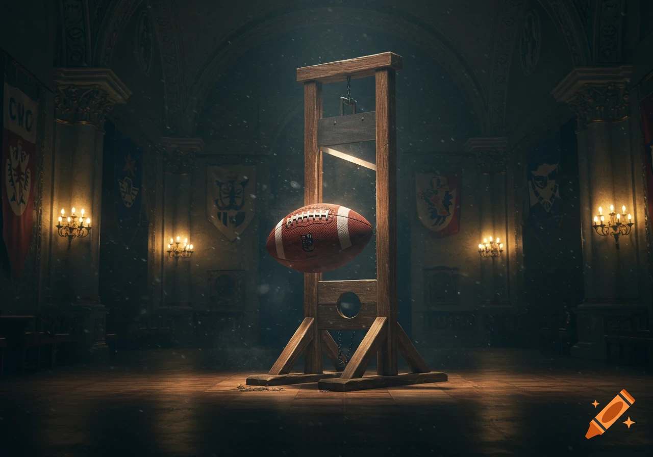 A photorealistic image of a football suspended in a wooden guillotine inside a dimly lit, ornate hall.