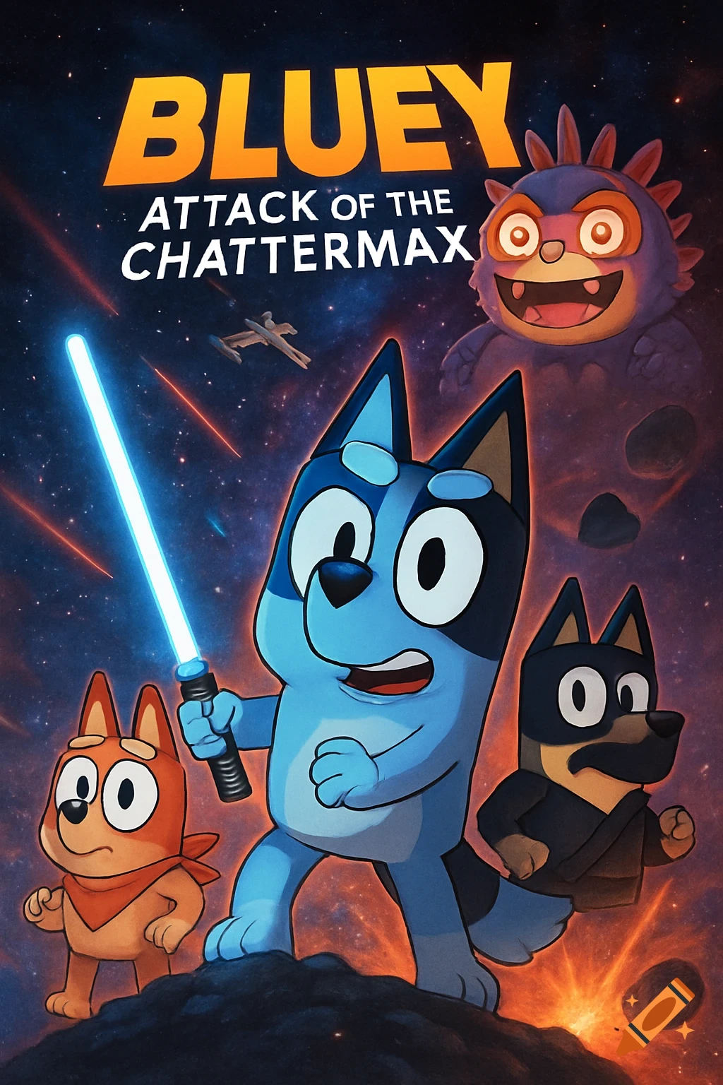 Bluey, Bingo, and Bandit in a Star Wars-themed movie poster. Bluey holds a lightsaber in space with a monster and spaceship.