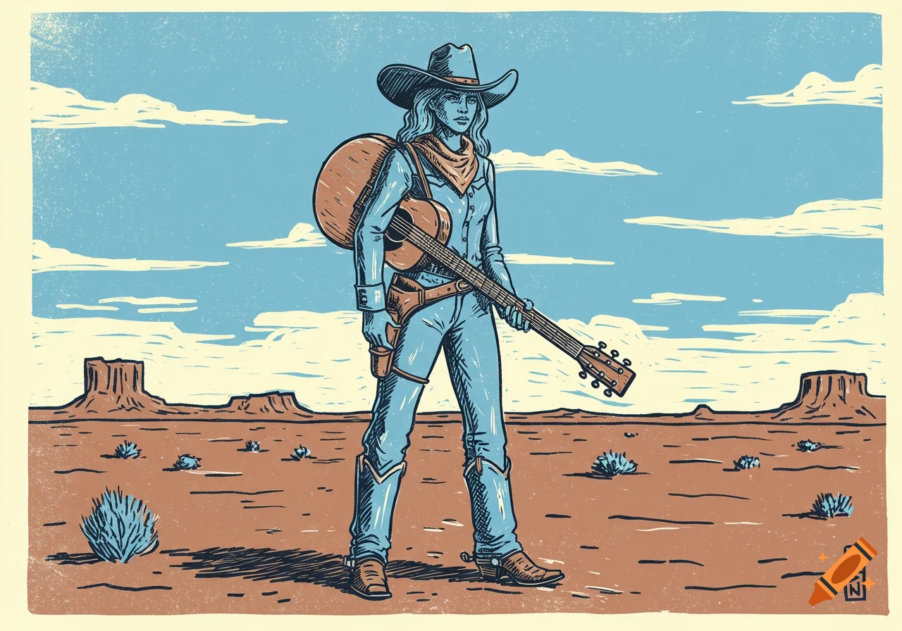 A linocut illustration of a cowgirl holding a guitar, standing in a vast desert landscape under a blue sky.