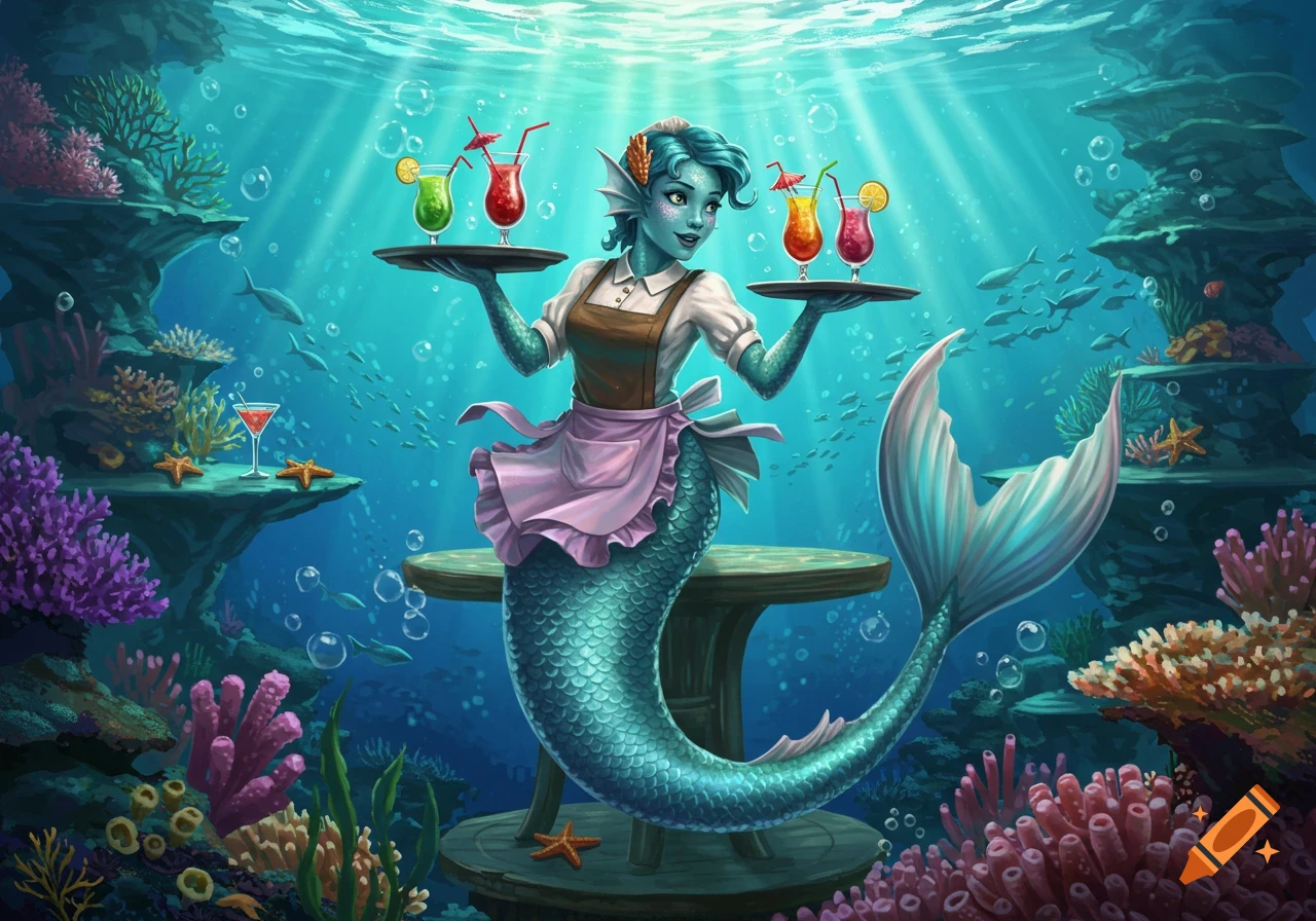 A mermaid waitress with teal skin and hair serves colorful cocktails on trays in a vibrant underwater coral reef setting.
